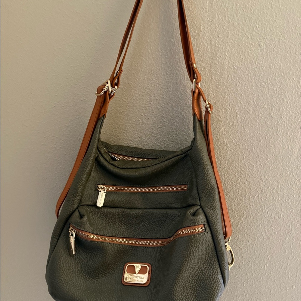 Valentina Vintage Olive Green and Tan Italian Leather Shoulder Bag - Picture 3 of 9